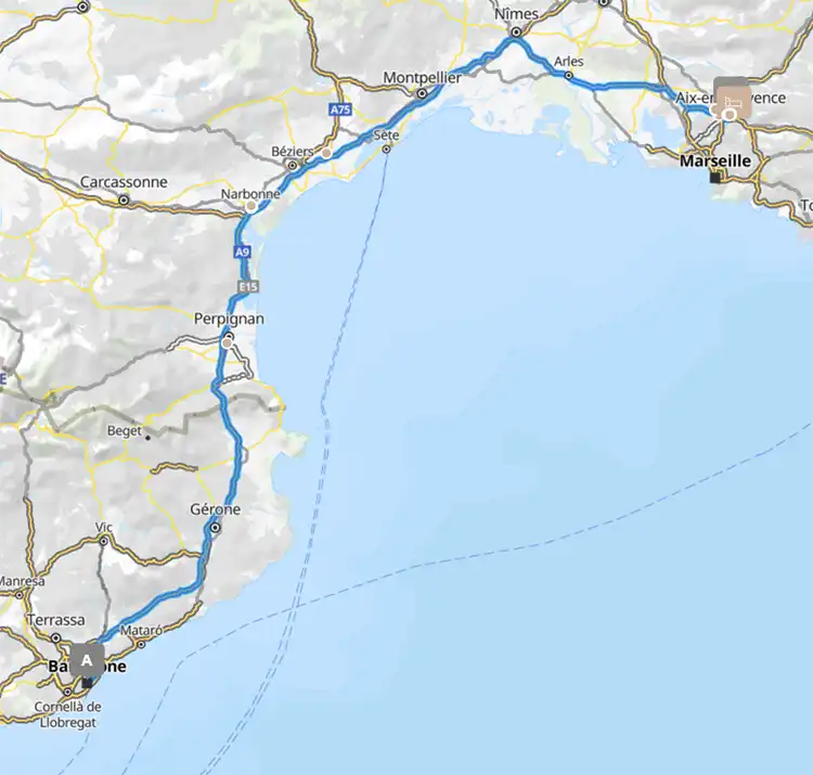 Barcelona to Aix en Provence route map