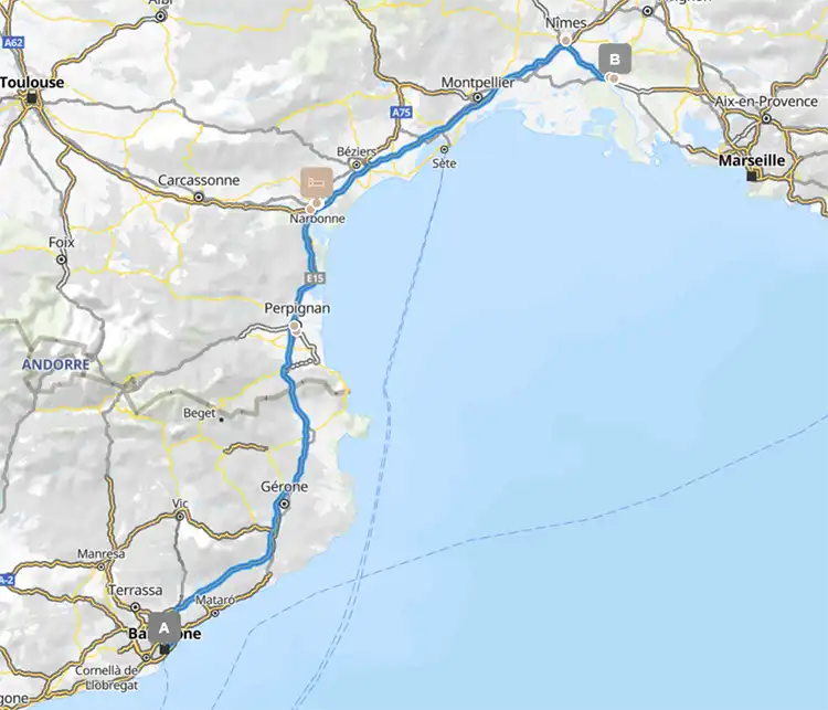 Barcelona to Arles route map