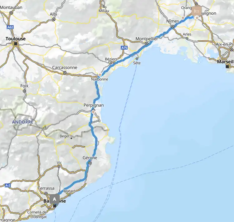 Barcelona to Avignon Route map