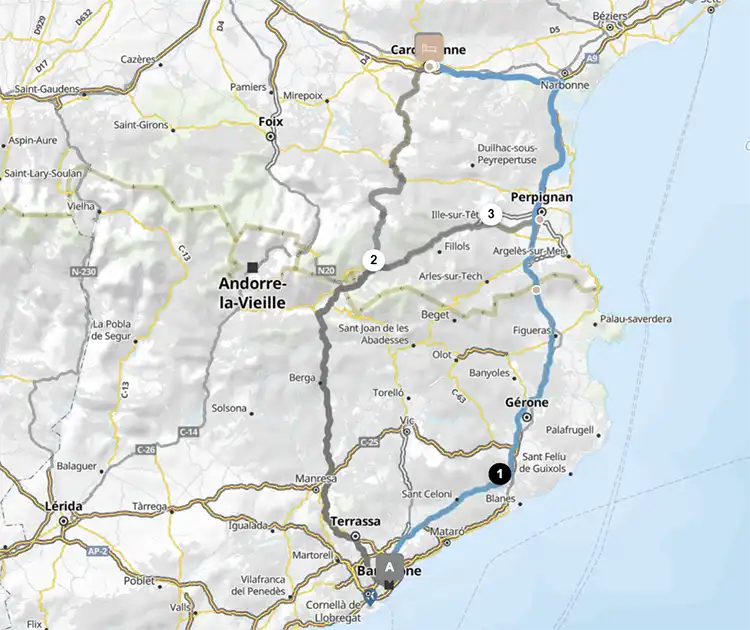 maps carcassonne to Barcelona