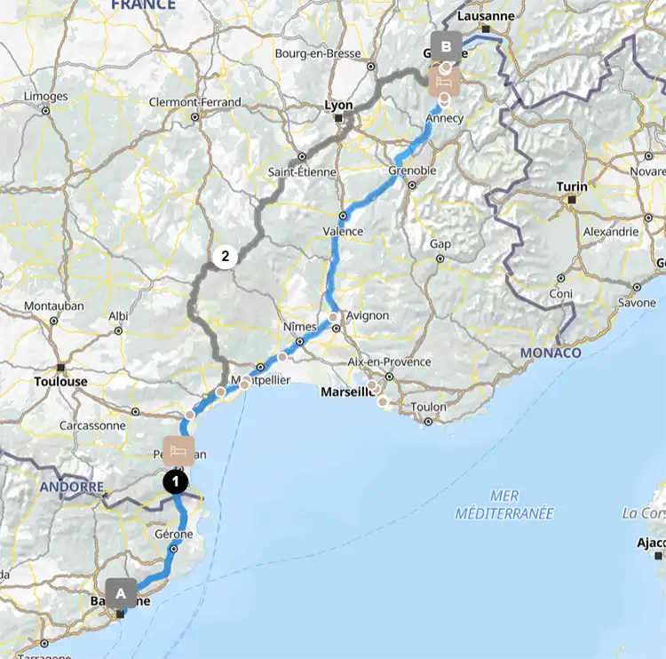 Barcelona to Geneve route map
