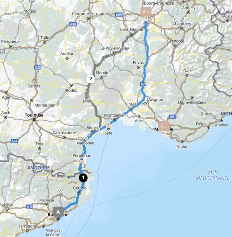 Barcelona to Lyon route map