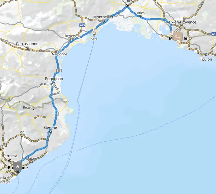 Barcelona to Marseille route map