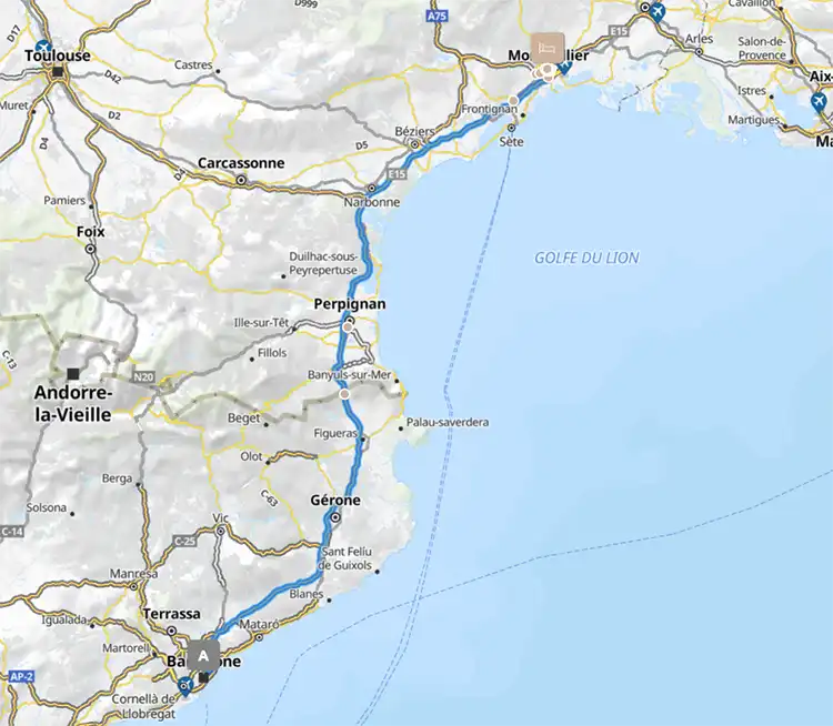 Barcelona to Montpellier road map