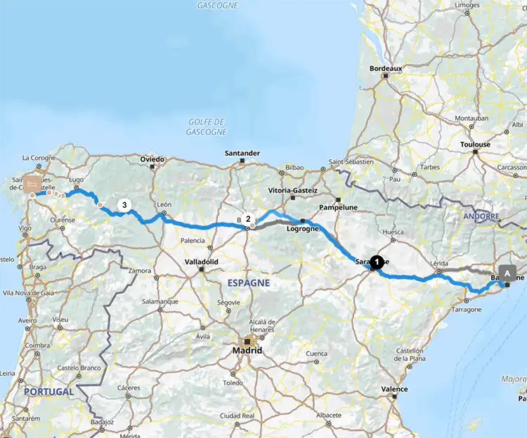 Barcelona to Santiago de Compostela route map