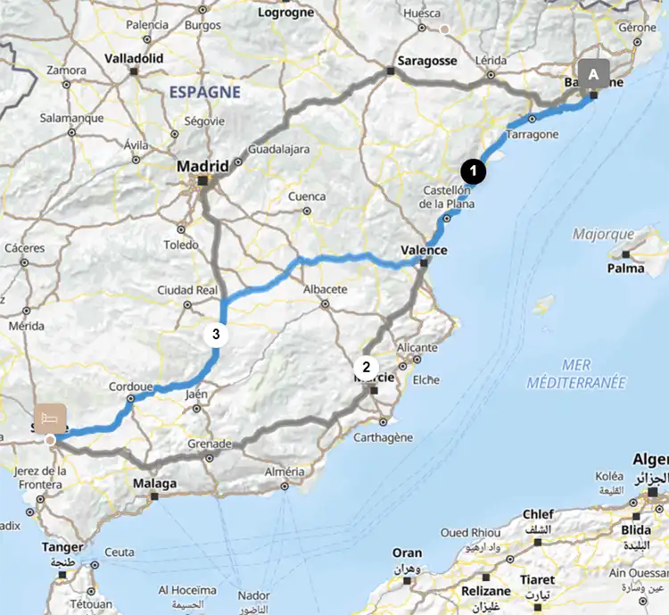 Barcelona to Seville route map